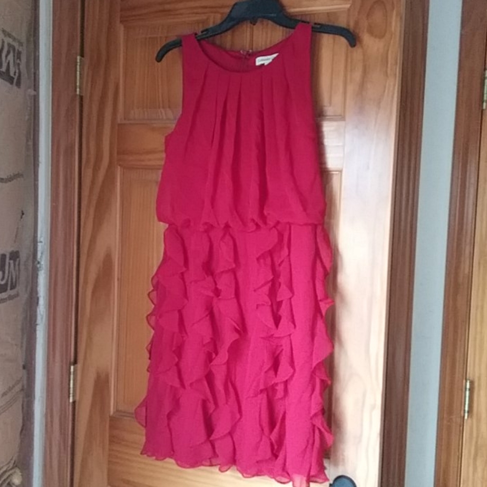 Cascade Ruffle Deep Red Dress 8 - Picture 2 of 10